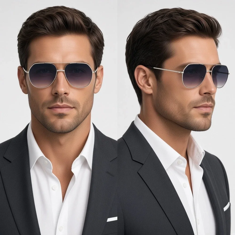 Mens Silver Geometric Modern Sunglasses Black Lens Double Bridge Fashion Retro